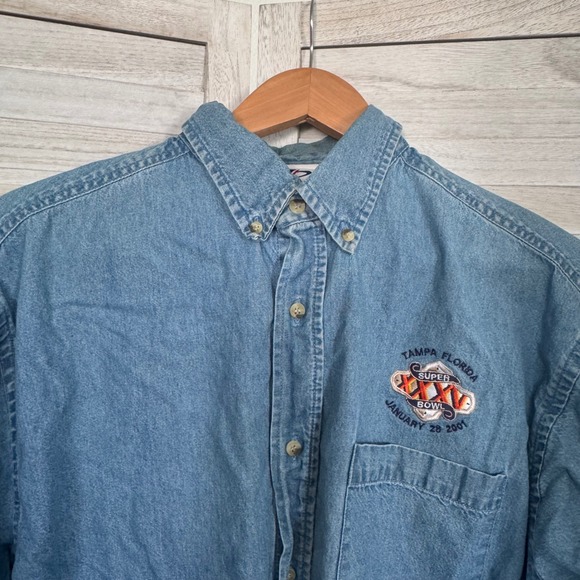 Vintage Superbowl  XXXV 2001 Denim Button Down Shirt Tampa Florida Shirt Large - Picture 3 of 11